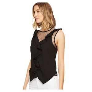 Chelsea Walker Black Sleeveless Ruffled Mesh-Inset Top Size 4